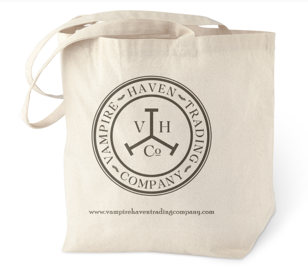 Canvas tote bag with Vampire Haven Trading Company logo in black
