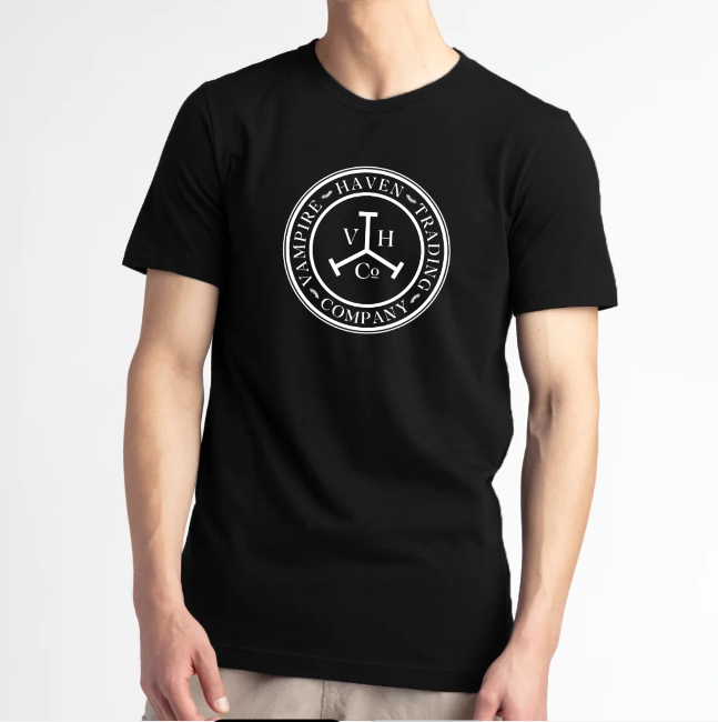 front of black Bella + Canvas VHTC logo shirt